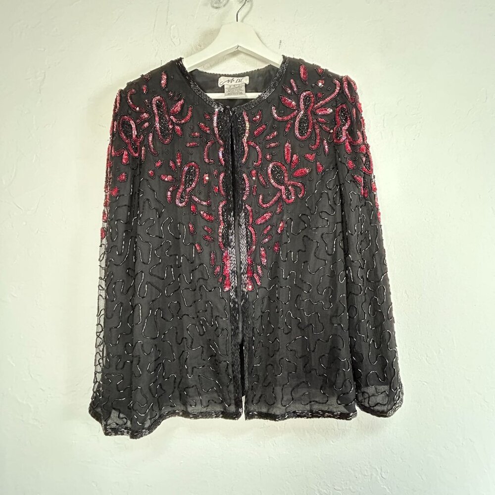 AP Ltd Womens Beaded Embroidered Silk Evening Jacket Large Black Red Long Sleeve